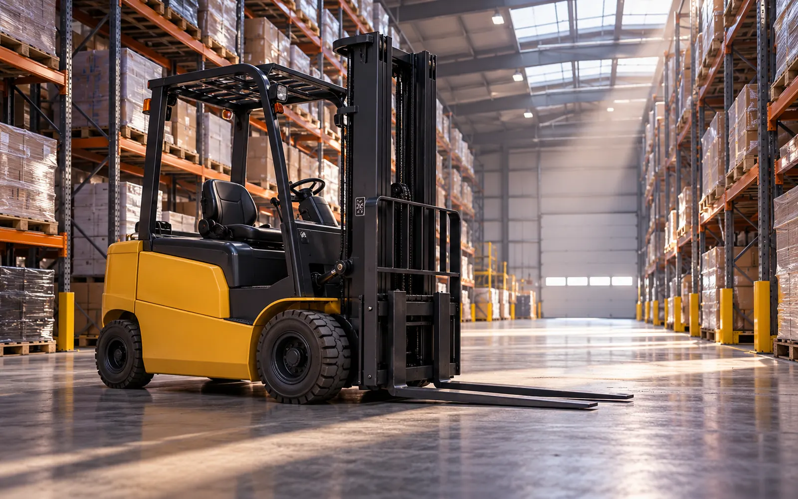 Counterbalance truck with forks lowered beside warehouse racking, illustrating Nottingham forklift hire
