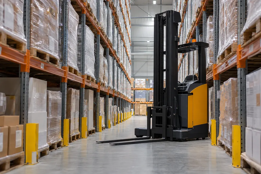 High-bay storage aisle with a parked reach truck for Nottingham warehouse hire