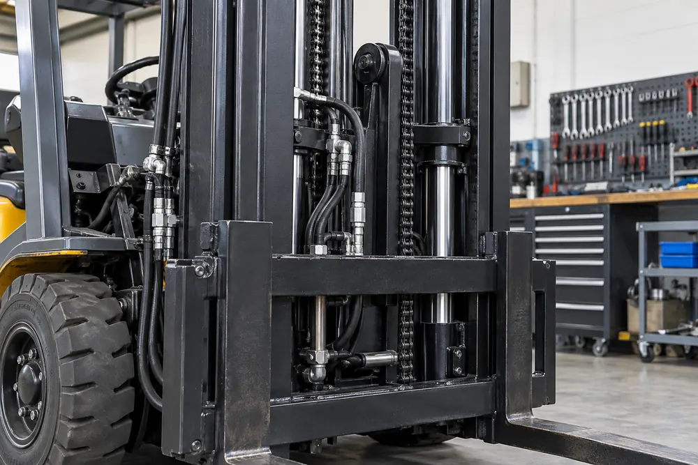 Close view of a forklift lifting mast and hydraulic lines for Nottingham repair enquiries