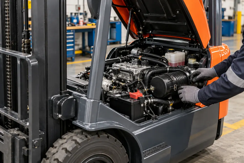 Protective gloves checking a forklift engine bay, illustrating servicing for Nottingham businesses