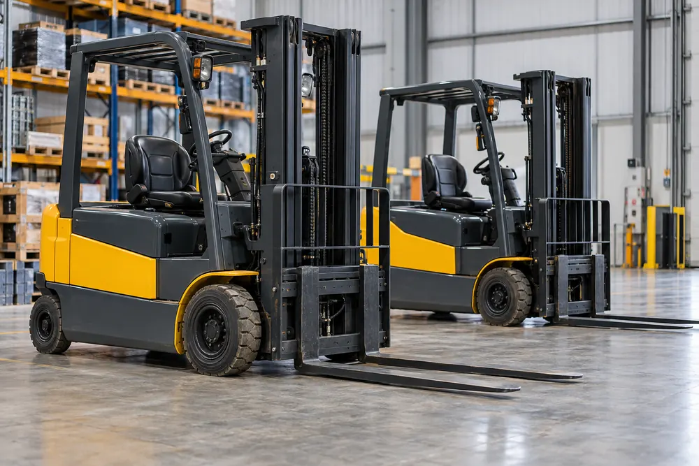 Pre-owned electric trucks lined up inside a warehouse for Nottingham forklift buyers